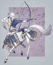 Rule 34 | 1boy, animal ear fluff, animal ears, antlers, arrow (projectile), blue gloves, bow (weapon), centauroid, commentary, drawing bow, facial mark, floral background, floral print, fringe trim, full body, gloves, hands up, holding, holding bow (weapon), holding weapon, horns, japanese clothes, long hair, looking to the side, male focus, monster boy, multicolored horns, multiple swords, original, outside border, outstretched arm, partially fingerless gloves, ponytail, profile, purple background, saddle, sash, scales, sensui (sui wolf55), sheath, sheathed, solo, spikes, standing, sword, symbol-only commentary, tassel, taur, weapon, white hair
