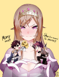 Rule 34 | 1girl, 2boys, alternate costume, angry, artist name, black pants, black sclera, blue cape, blush, breasts, brown footwear, brown hair, brown jacket, cape, chibi, circlet, cleavage, colored sclera, commentary request, doromame, dress, english text, flower, holding, holding flower, jacket, large breasts, multiple boys, nakiri asahi, nakiri erina, no pupils, on one knee, open mouth, panties, pants, pointing, pointing at another, princess, puffy short sleeves, puffy sleeves, purple eyes, red hair, shirt, shoes, shokugeki no souma, short hair, short sleeves, simple background, sweat, sword, underwear, weapon, white jacket, white panties, white shirt, yellow background, yellow flower, yukihira souma