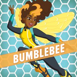 Rule 34 | 1girl, artist request, brown eyes, brown hair, bumble bee, character name, dark skin, dark-skinned female, dc comics, female focus, flying, honeycomb pattern, insect wings, karen beecher, long sleeves, multicolored hair, open mouth, smile, solo, source request, two-tone hair, wings