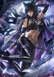 Rule 34 | 1girl, animal ears, artist name, bare shoulders, black footwear, black hair, blake belladonna, blue pants, boot straps, boots, bow, breasts, cat ears, cleavage, clothing cutout, cloud, coat, unworn coat, combination weapon, flower, full moon, gambol shroud, hair bow, high heel boots, high heels, holding, holding whip, jumping, kusarigama, large breasts, long hair, moon, nail polish, navel, night, open clothes, open coat, outdoors, pants, petals, pistol sword, rwby, sakimichan, sickle, side cutout, signature, skindentation, solo, stomach, tattoo, torn clothes, weapon, white coat, yellow eyes