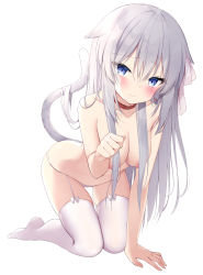 Rule 34 | 1girl, absurdres, all fours, animal ears, areola slip, blue eyes, breasts, cat ears, cat girl, cat tail, cleavage, collar, floppy ears, frown, garter straps, has bad revision, has downscaled revision, highres, kamu (geeenius), long hair, looking at viewer, md5 mismatch, no shoes, original, panties, resolution mismatch, silver hair, simple background, slit pupils, small breasts, solo, source smaller, string panties, tail, thighhighs, thighs, topless, underwear, very long hair, white background, white panties, white thighhighs