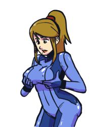 Rule 34 | 1girl, animated, animated gif, bad deviantart id, bad id, blinking, blonde hair, bodysuit, bouncing breasts, breasts, covered erect nipples, large breasts, long hair, metroid, mole, mole under mouth, nintendo, penelope and me, ponytail, samus aran, skin tight, solo, white background, zero suit