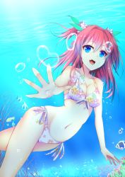 Rule 34 | 1girl, air bubble, bikini, blue eyes, breasts, breath, bubble, cleavage, diving, fang, freediving, highres, holding breath, long hair, looking at viewer, merxkialis, navel, open mouth, original, red hair, solo, swimming, swimsuit, twintails, two side up, underwater