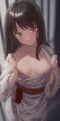Rule 34 | 1girl, areola slip, blurry, blurry background, blush, breasts, breasts apart, brown eyes, brown hair, collarbone, commentary request, depth of field, floral print, grey kimono, highres, japanese clothes, jfjf, kimono, long hair, long sleeves, looking at viewer, naked kimono, no bra, original, parted lips, sash, small breasts, solo, wet, wet hair, wide sleeves, yukata