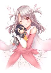 Rule 34 | 1girl, bare shoulders, black hair, blush, commentary request, dress, fate/kaleid liner prisma illya, fate (series), feathers, gloves, grey hair, hair ornament, hairclip, heart, holding, holding stuffed toy, illyasviel von einzbern, long hair, looking at viewer, magical girl, mikujin (mikuzin24), miyu edelfelt, one eye closed, pink dress, prisma illya, red eyes, simple background, smile, solo, stuffed toy, white background