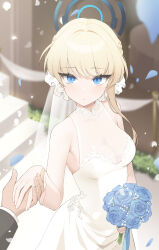 Rule 34 | 1boy, 1girl, absurdres, alternate costume, armpits, bare shoulders, blonde hair, blue archive, blue eyes, blue flower, blue rose, blurry, blurry background, blush, bouquet, breasts, bridal veil, cleavage, dress, falling petals, flower, hair intakes, halo, hetero, highres, holding, holding bouquet, holding hands, looking at viewer, medium breasts, petals, pov, pov hands, rose, see-through, see-through cleavage, see-through dress, single sidelock, sleeveless, sleeveless dress, taccho, toki (blue archive), veil, wedding dress, white dress