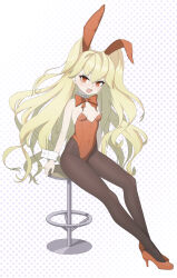 Rule 34 | 1girl, absurdres, animal ears, black pantyhose, blonde hair, bow, bowtie, breasts, character request, clover theater, detached collar, high heels, highres, leotard, long hair, pantyhose, playboy bunny, polka dot, polka dot background, rabbit ears, red eyes, red footwear, red leotard, sitting, small breasts, solo, stool, strapless, strapless leotard, two side up, white background, wrist cuffs, zhuan a zhuan