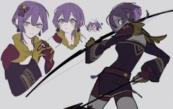 Rule 34 | &gt; &lt;, 1girl, ?, ??, arrow (projectile), artist name, belt, bernadetta von varley, bike shorts, bow, bow (weapon), chibi, earrings, embarrassed, fire emblem, fire emblem: three houses, from behind, gloves, hair bow, headpat, holding, holding arrow, holding bow (weapon), holding weapon, jewelry, l0gman, looking afar, looking at viewer, multiple views, nintendo, open mouth, purple eyes, purple hair, short hair, simple background, standing, upper body, watermark, weapon, white background, wide sleeves