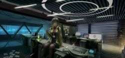 Rule 34 | 1girl, bad id, bad pixiv id, bag, blue eyes, blush, cable, chair, closed mouth, computer, day, desk, green hair, green jacket, grey pantyhose, indoors, jacket, laptop, light, looking at viewer, monitor, name tag, neon lights, original, pantyhose, plant, potted plant, reido (reido c), shoulder bag, sitting, solo, window