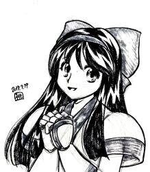 Rule 34 | 1girl, ainu clothes, black hair, breasts, fingerless gloves, gloves, hair ribbon, highres, long hair, looking at viewer, medium breasts, monochrome, nakoruru, open mouth, own hands together, ribbon, samurai spirits, sketch, smile, snk, solo, the king of fighters, traditional media