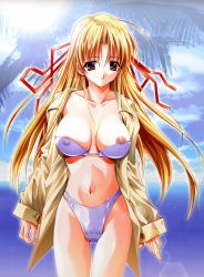 Rule 34 | 1girl, ahoge, areola slip, asuka keisuke, bikini, bikini under clothes, blonde hair, breasts, cleavage, cloud, coat, collarbone, day, hair ribbon, large breasts, lens flare, long hair, lunar wing, navel, nipple slip, nipples, no pants, open clothes, open mouth, outdoors, palm tree, public indecency, public nudity, red eyes, ribbon, shirufana, sky, solo, standing, sun, swimsuit, swimsuit under clothes, thigh gap, tree, trench coat, very long hair, water