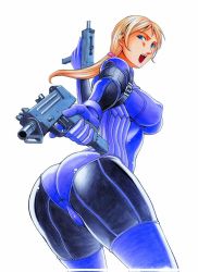 Rule 34 | 1girl, ass, blonde hair, blue eyes, bodysuit, breasts, covered erect nipples, dual wielding, gun, holding, jill valentine, large breasts, lipstick, looking back, mac-10/11, mac-10/11, makeup, minyanyako, open mouth, ponytail, resident evil, resident evil 5, shiny clothes, skin tight, solo, submachine gun, thighhighs, weapon