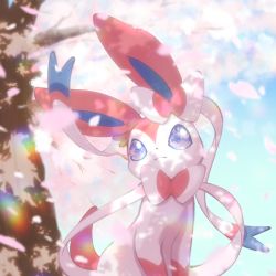 Rule 34 | blue eyes, closed mouth, commentary request, creatures (company), day, falling petals, game freak, gen 6 pokemon, looking up, nintendo, no humans, outdoors, petals, pokemon, pokemon (creature), solo, sylveon, tree, yuui art