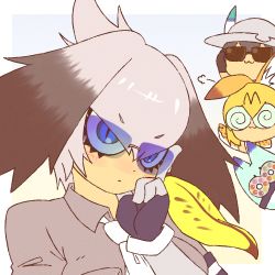 Rule 34 | 10s, 3girls, :3, @ @, animal ears, bad id, bad pixiv id, bespectacled, black hair, blue-tinted eyewear, blue background, blue gloves, blush, bow, bowtie, bucket hat, chibi, closed mouth, coke-bottle glasses, collared shirt, commentary request, ear down, elbow gloves, fingerless gloves, glasses, gloves, grey hat, grey shirt, hair between eyes, hands on headwear, hat, hat feather, head tilt, kaban (kemono friends), kemono friends, looking at viewer, lucky beast (kemono friends), multiple girls, necktie, niwma (myriad revery), orange hair, orange neckwear, serval (kemono friends), serval print, shirt, shoebill (kemono friends), short hair, silver hair, simple background, slit pupils, sunglasses, the blue glasses, tinted eyewear, white neckwear, wing collar