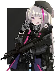 Rule 34 | 1girl, battle rifle, beret, black hat, bullpup, desert tech mdr, girls&#039; frontline, gloves, grey gloves, grey hair, gun, hat, holding, holding gun, holding weapon, jacket, long hair, looking at viewer, mdr (girls&#039; frontline), multicolored hair, one eye closed, open mouth, pink eyes, pink hair, poyason, rifle, smile, solo, streaked hair, tactical clothes, weapon