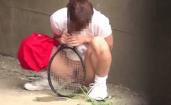 Rule 34 | 1girl, animated, animated gif, asian, brown hair, censored, grass, japanese (nationality), long hair, looking down, lowres, outdoors, peeing, photo (medium), ponytail, pubic hair, puddle, racket, red shorts, shirt, shoes, shorts, shorts around one leg, sneakers, socks, sportswear, squatting, tennis uniform, wall, white footwear, white legwear, white shirt