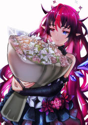 Rule 34 | 1girl, absurdres, bare shoulders, blue eyes, bouquet, crystal, flower, fluffyebi01, heterochromia, highres, hololive, hololive english, horns, irys (hololive), irys (irys 1.0) (hololive), pink eyes, pointy ears, red flower, red hair, see-through, smile, solo, virtual youtuber, wavy hair, wings