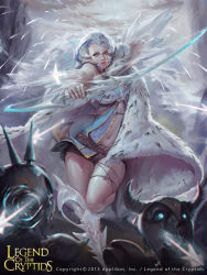 Rule 34 | 1girl, arrow (projectile), artist name, artist request, blue hair, bow, cape, dated, highres, legend of the cryptids, monster, multicolored hair, short hair, shorts, silver hair, snow, solo focus, thighhighs, weapon