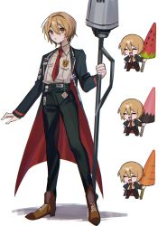 Rule 34 | 1girl, badge, black jacket, blonde hair, brown footwear, carrot, don quixote (project moon), food, fruit, highres, ice cream, jacket, lance, limbus company, long sleeves, mu46016419, necktie, pants, polearm, project moon, red necktie, shirt, watermelon, weapon, white background, white shirt, yellow eyes