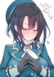 Rule 34 | 1girl, 9610 (kuroto), ascot, beret, black gloves, black hair, blue jacket, blush, breasts, closed eyes, dated, gloves, hat, jacket, kantai collection, large breasts, military, military uniform, short hair, smile, solo, takao (kancolle), twitter username, uniform, upper body, white background