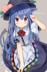 Rule 34 | 1girl, animal ears, arm up, black headwear, black skirt, blush, bow, bowtie, cat ears, cat girl, cat tail, closed mouth, commentary request, ears down, food, frilled skirt, frills, fruit, grey background, hat ornament, highres, hinanawi tenshi, kemonomimi mode, long hair, looking at viewer, momomaron, peach, puffy short sleeves, puffy sleeves, rainbow order, red bow, red bowtie, red eyes, shirt, short sleeves, simple background, skirt, solo, straight hair, tail, touhou, twitter username, v-shaped eyebrows, very long hair, white shirt