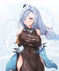 Rule 34 | 1girl, absurdres, arm at side, arm under breasts, artist name, bare shoulders, black gloves, blue eyes, blue hair, bodysuit, braid, breasts, clothing cutout, covered navel, cowboy shot, elsynien, embarrassed, feather hair ornament, feathers, genshin impact, gloves, hair ornament, highres, large breasts, light blue hair, long hair, looking at viewer, low-braided long hair, low-tied long hair, partially fingerless gloves, shenhe (genshin impact), simple background, torn clothes, very long hair, waist cutout