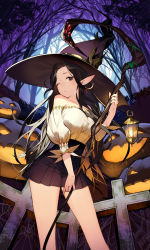 Rule 34 | 1girl, absurdres, bare shoulders, bare tree, black skirt, breasts, brown eyes, brown hair, brown hat, collarbone, commentary, cross, earrings, fingernails, forehead, forest, halloween, hand up, hat, highres, holding, holding staff, jack-o&#039;-lantern, jewelry, kitada mo, lantern, long hair, long sleeves, looking at viewer, medium breasts, nature, one eye closed, original, outdoors, parted lips, pleated skirt, pointy ears, puffy long sleeves, puffy sleeves, shirt, silk, skirt, solo, spider web, staff, standing, symbol-only commentary, tombstone, tree, very long hair, white shirt, witch hat