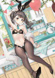 Rule 34 | 1girl, animal ears, arm up, armpit crease, armpits, bandeau, bare arms, bare shoulders, black eyes, black footwear, black hair, blush, breasts, brown pantyhose, closed mouth, crop top, detached collar, dutch angle, embarrassed, fake animal ears, fang, feather boa, fishnet pantyhose, fishnets, frown, hairband, highleg, latex, leotard, long hair, looking at viewer, midriff, mole, mole under eye, navel, necktie, original, pantyhose, playboy bunny, rabbit ears, revealing clothes, shoes, short necktie, sitting, small breasts, solo, stomach, strapless, twintails, wide hips, wrist cuffs, yu-ri (arium047)