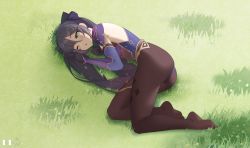 Rule 34 | 1girl, absurdres, ass, black gloves, black hair, black pantyhose, blue leotard, blush, breasts, detached sleeves, genshin impact, gloves, grass, green eyes, hair ribbon, highres, huge filesize, kemile, knees up, legs, leotard, long hair, lying, mona (genshin impact), no shoes, on grass, on side, one eye closed, open mouth, pantyhose, ribbon, sidelocks, solo, sparkle print, thighlet, twintails, waking up