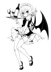 Rule 34 | 1girl, alternate costume, apron, bat wings, blush, bottle, covering privates, covering crotch, cup, drinking glass, embarrassed, enmaided, fkey, frilled apron, frilled skirt, frills, full body, garter straps, greyscale, highres, jpeg artifacts, looking at viewer, maid, maid headdress, mary janes, miniskirt, monochrome, nose blush, puffy short sleeves, puffy sleeves, remilia scarlet, shoes, short hair, short sleeves, simple background, skirt, solo, thighhighs, touhou, tray, vest, waist apron, wine bottle, wine glass, wings, wrist cuffs