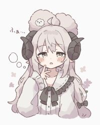 Rule 34 | 1girl, :o, black bow, bow, colon br, grey eyes, hair bow, half-closed eyes, highres, horns, original, sheep, sheep girl, sheep horns, simple background, squeans, sleepy, solo, upper body, white background, white hair, yawning