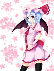 Rule 34 | 1girl, adapted costume, arched back, ascot, bat wings, black thighhighs, blouse, blue hair, bow, buttons, collared shirt, dress, floral background, frilled dress, frilled shirt, frilled skirt, frills, hand on own thigh, hand on thigh, hat, hat bow, highres, junior27016, large bow, looking at viewer, mob cap, pink shirt, pink skirt, pointy ears, puffy sleeves, red eyes, remilia scarlet, ribbon, shirt, short sleeves, skirt, skirt set, smile, solo, standing, thighhighs, touhou, white background, wings, wrist cuffs, zettai ryouiki