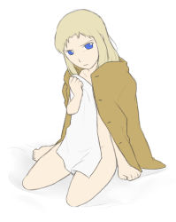 Rule 34 | 1girl, blonde hair, blue eyes, closed mouth, coat, commentary request, flat color, frown, full body, groin, ima soko ni iru boku, long hair, looking at viewer, sara ringwalt, simple background, sitting, solo, white background