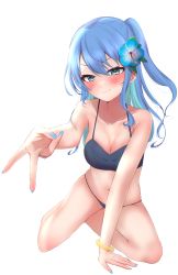 Rule 34 | 1girl, alternate breast size, aqua hair, arm support, bikini, blue bikini, blue hair, blue nails, blush, bracelet, breasts, closed mouth, collarbone, colored inner hair, commentary, eyelashes, flower, foreshortening, hair flower, hair ornament, highres, hololive, hoshimachi suisei, jewelry, leaning forward, long hair, looking at viewer, medium breasts, multicolored hair, nail polish, navel, nerorigogo, side ponytail, sidelocks, simple background, solo, swimsuit, thighs, v, virtual youtuber, white background