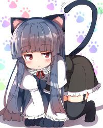 Rule 34 | 1girl, absurdres, all fours, animal ears, animal hands, black footwear, black hair, black skirt, black thighhighs, blush, cat ears, cat girl, cat tail, closed mouth, commentary request, frilled skirt, frills, garter straps, gloves, highres, idolmaster, idolmaster cinderella girls, idolmaster cinderella girls starlight stage, juliet sleeves, kemonomimi mode, long hair, long sleeves, looking at viewer, neck ribbon, no shoes, paw gloves, paw print, paw print background, puffy sleeves, red eyes, red ribbon, ribbon, sajo yukimi, shadow, shirt, skirt, solo, tail, thighhighs, umberblack, very long hair, white background, white shirt