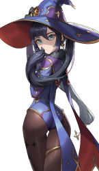 Rule 34 | 1girl, absurdres, ass, asymmetrical bangs, bad id, bad twitter id, black hair, blue leotard, brown pantyhose, capelet, cotta (heleif), cowboy shot, earrings, floating hair, from behind, genshin impact, gold trim, green eyes, hair between eyes, hair ornament, hat, hat ornament, highres, jewelry, leotard, long hair, looking at viewer, looking back, mona (genshin impact), pantyhose, simple background, solo, sparkle print, star (symbol), star earrings, star hair ornament, star hat ornament, thigh gap, thighlet, twintails, white background, witch hat