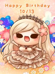 Rule 34 | 1girl, arm up, bare shoulders, black eyes, blonde hair, blue flower, chibi, commentary request, danganronpa (series), danganronpa 2: goodbye despair, dated, dress, eyelashes, floral background, flower, frilled dress, frilled sleeves, frills, full body, gem, hair flower, hair ornament, happy birthday, jewelry, light blush, long dress, long hair, necklace, off-shoulder dress, off shoulder, open mouth, orange background, orange flower, pink flower, red gemstone, short sleeves, smile, solid oval eyes, solo, sonia nevermind, sparkle, tiara, very long hair, white dress, white flower, white sleeves, yellow flower, yumaru (marumarumaru)