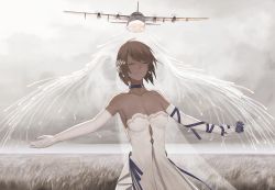 Rule 34 | 1girl, ac-130, ahoge, aircraft, aircraft artillery, airplane, arm ribbon, artillery, bare shoulders, black choker, breasts, bridal veil, bride, brown hair, choker, cleavage, closed mouth, cloud, cloudy sky, collarbone, commentary, cowboy shot, dark-skinned female, dark skin, day, dress, earrings, elbow gloves, english commentary, eyebrows, closed eyes, facing viewer, female focus, field, flare, flower, girls&#039; frontline, gloves, gunship, hair ornament, highres, holding, holding flower, horizon, huqu, jewelry, outdoors, outstretched arms, overcast, ribbon, see-through, short hair, sky, small breasts, smile, smoke, solo, spread arms, standing, strapless, strapless dress, vector (girls&#039; frontline), veil, wedding dress, wheat field, white dress, white gloves