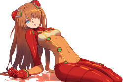 Rule 34 | 00s, 1girl, blue eyes, bodysuit, brown hair, covered navel, evangelion: 2.0 you can (not) advance, hair ornament, hair over one eye, lips, long hair, multicolored clothes, neon genesis evangelion, plugsuit, rebuild of evangelion, red bodysuit, sakamoto mineji, see-through, see-through bodysuit, shiny clothes, simple background, sitting, solo, souryuu asuka langley, test plugsuit, very long hair, white background, wide hips