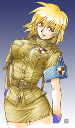 Rule 34 | 1girl, blonde hair, breasts, gloves, hellsing, impossible clothes, impossible shirt, large breasts, miniskirt, open mouth, red eyes, seras victoria, shirt, short hair, skirt, smile, solo, thighhighs, uniform