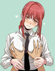 Rule 34 | 1girl, black necktie, blush, grabbing another&#039;s breast, chainsaw man, formal, grabbing, guided breast grab, guiding hand, heart, long hair, looking at viewer, makima (chainsaw man), necktie, orange eyes, ponytail, pov, red hair, shiren (ourboy83), shirt, sidelocks, simple background, smile, white shirt