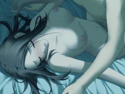 Rule 34 | 1girl, bed, bed sheet, blush, breasts, brown hair, dark, closed eyes, game cg, hashimoto takashi, jpeg artifacts, large breasts, long hair, lying, messy hair, missionary, nipples, nude, on back, open mouth, sex, sheet grab, solo focus, thighs, toomine nagisa, vaginal, white breath