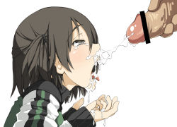 Rule 34 | 1girl, black eyes, black hair, censored, cum, cum in mouth, cum in nose, cum on body, cum on hands, cum on tongue, cum on upper body, cum string, cupping hands, facial, kasetsu 03, original, own hands together, penis, profile, short hair, side ponytail, tears, tongue