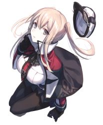 Rule 34 | 10s, 1girl, arm support, blonde hair, breasts, capelet, female focus, gloves, graf zeppelin (kancolle), grey eyes, hat, kantai collection, large breasts, long hair, looking at viewer, miniskirt, necktie, pantyhose, parted lips, simple background, sitting, skirt, solo, tomari (veryberry00), twintails, uniform, white background, wind