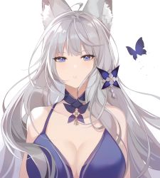 Rule 34 | 1girl, absurdres, ahoge, animal ear fluff, animal ears, azur lane, bare shoulders, blue dress, blue eyes, breasts, bug, butterfly, cleavage, commentary request, dress, highres, insect, large breasts, long hair, looking at viewer, parted lips, saibe, shinano (azur lane), shinano (dreams of the hazy moon) (azur lane), silver hair, simple background, solo, upper body, white background