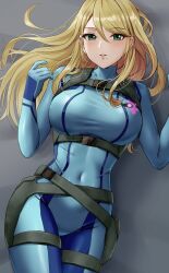 Rule 34 | 1girl, absurdres, amayo thranana, belt, blonde hair, bodysuit, breasts, commentary request, covered navel, cowboy shot, green eyes, grey belt, highres, large breasts, long hair, looking at viewer, metroid, mole, mole under mouth, nintendo, parted lips, samus aran, solo, thighs, very long hair, zero suit