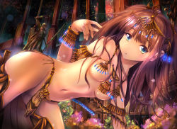 Rule 34 | 1girl, all fours, arm up, blue eyes, bracelet, breasts, brown hair, commentary request, gc3, gem, groin, jewelry, legs apart, long hair, looking at viewer, navel, nude, original, revealing clothes, small breasts, solo, statue, thighs, tiara