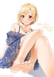 Rule 34 | 1girl, aiba yumi, bare legs, bare shoulders, barefoot, blonde hair, blue dress, blush, brown eyes, casino (casinoep), character name, closed mouth, dated, dress, feet, floral print, foot focus, foot out of frame, foreshortening, frilled dress, frills, hair ornament, hairclip, happy birthday, idolmaster, idolmaster cinderella girls, jewelry, knees up, looking at viewer, necklace, off-shoulder dress, off shoulder, presenting foot, print dress, short sleeves, simple background, sitting, soles, solo, toes, white background