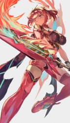 Rule 34 | 1girl, armor, boots, breasts, earrings, fingerless gloves, fire, gem, gloves, hair ornament, headpiece, highres, holding, holding sword, holding weapon, jewelry, large breasts, nintendo, one eye closed, pyra (xenoblade), red eyes, red hair, red shorts, short hair, short shorts, shorts, shoulder armor, solo, swept bangs, sword, thighhighs, vic (vedream), weapon, xenoblade chronicles (series), xenoblade chronicles 2