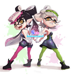 Rule 34 | + +, 2girls, anniversary, bare shoulders, black footwear, black hair, breasts, callie (splatoon), cousins, detached collar, domino mask, dress, earrings, english text, fangs, female focus, from behind, gloves, gonzarez, gradient hair, green pantyhose, grey hair, grin, half-closed eyes, happy, highres, holding hands, inkling, jewelry, legs apart, long hair, looking at viewer, looking back, marie (splatoon), mask, mole, mole under eye, multicolored hair, multiple girls, nintendo, object on head, open mouth, pantyhose, pantyhose under shorts, pink hair, pink pantyhose, pointy ears, shiny clothes, shiny skin, shoes, short hair, short jumpsuit, shorts, simple background, small breasts, smile, splatoon (series), splatoon 1, splatter, standing, strapless, strapless dress, swept bangs, teeth, tentacle hair, tentacles, twintails, white background, white gloves, yellow eyes
